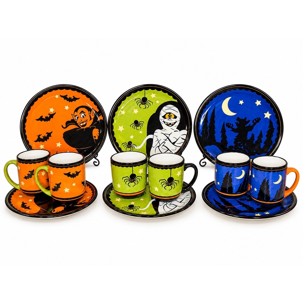 Pfaltzgraff Happy Halloween 12 Piece Set Mugs and Plates Vampire Mummy Werewolf